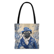 Regal Pug Canvas Tote Bag, Blue Floral Design for Dog Lovers