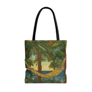 Tropical Paradise Canvas Tote Bag, Palm Tree Hammock Beach Design