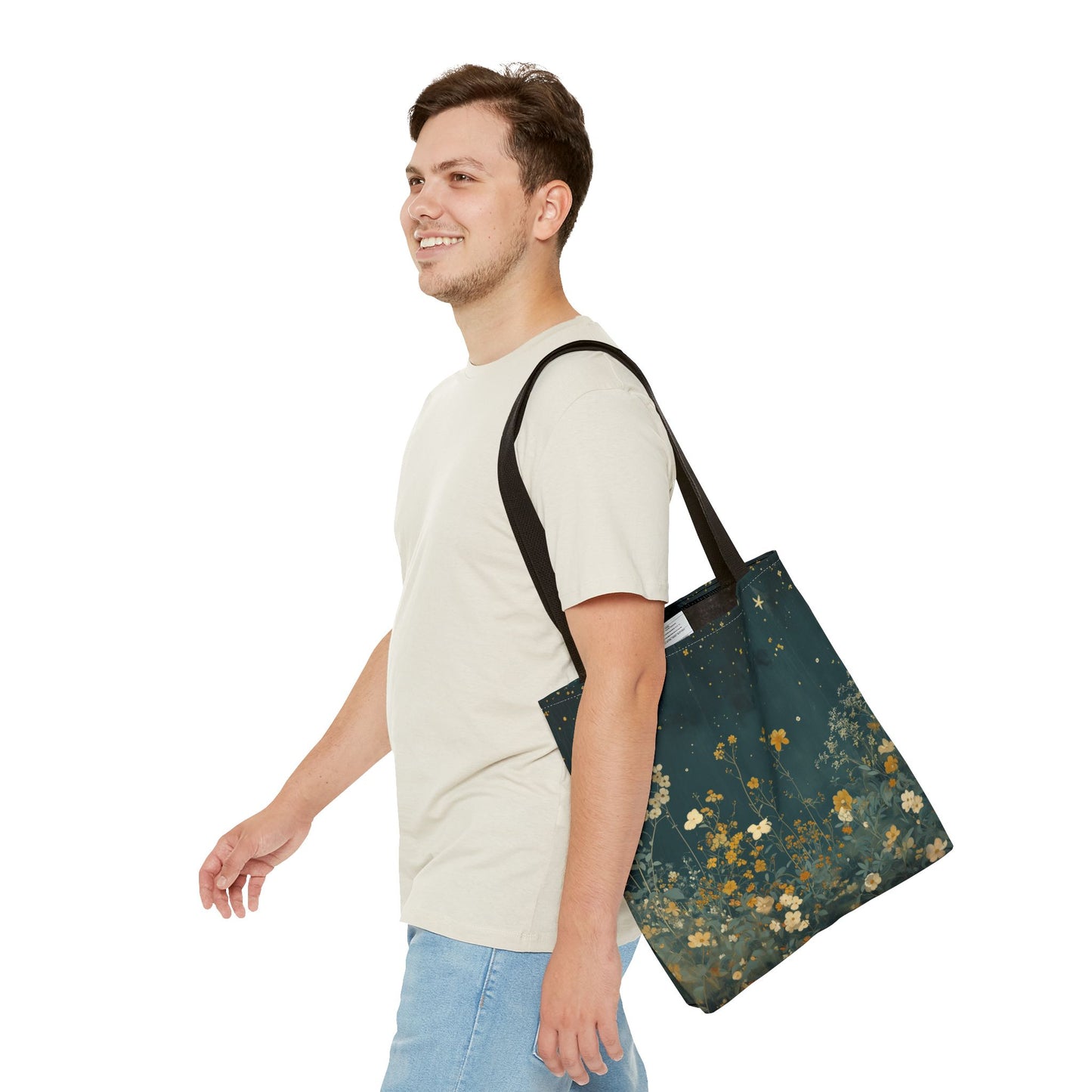 Midnight Floral Starry Canvas Tote Bag, Eco-Friendly Everyday Carry