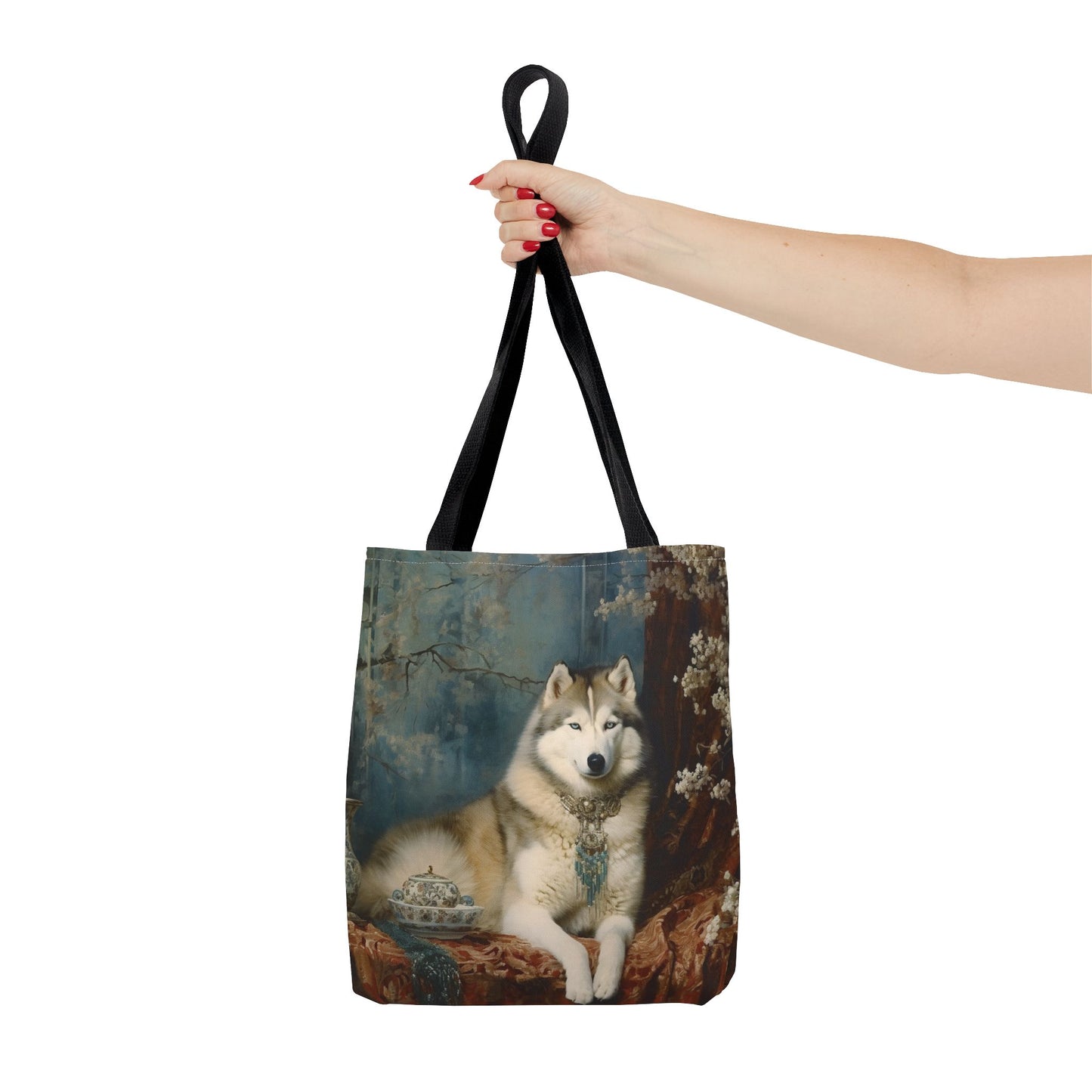 Siberian Husky Elegance Tote Bag, Vintage Floral Shopping Canvas