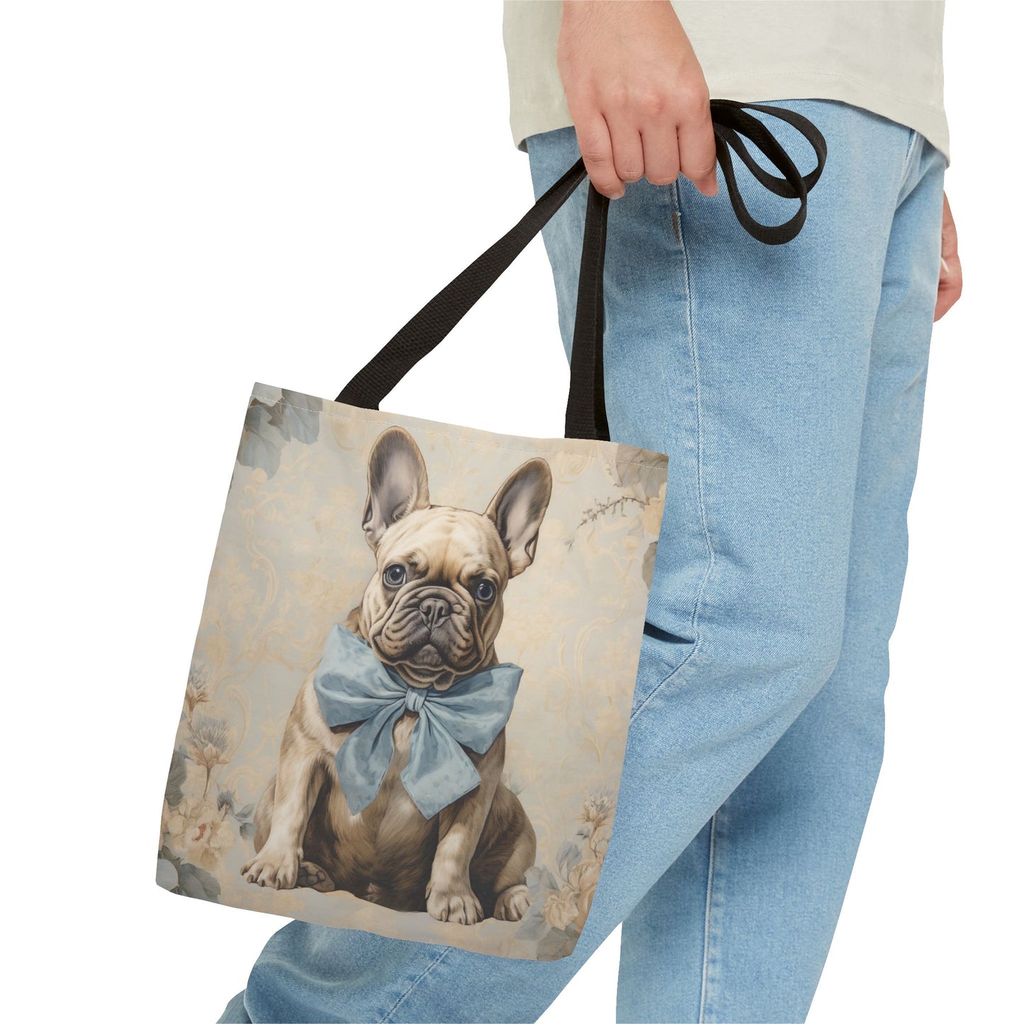 Dapper French Bulldog Canvas Tote Bag with Blue Bow, Dog Lover Gift