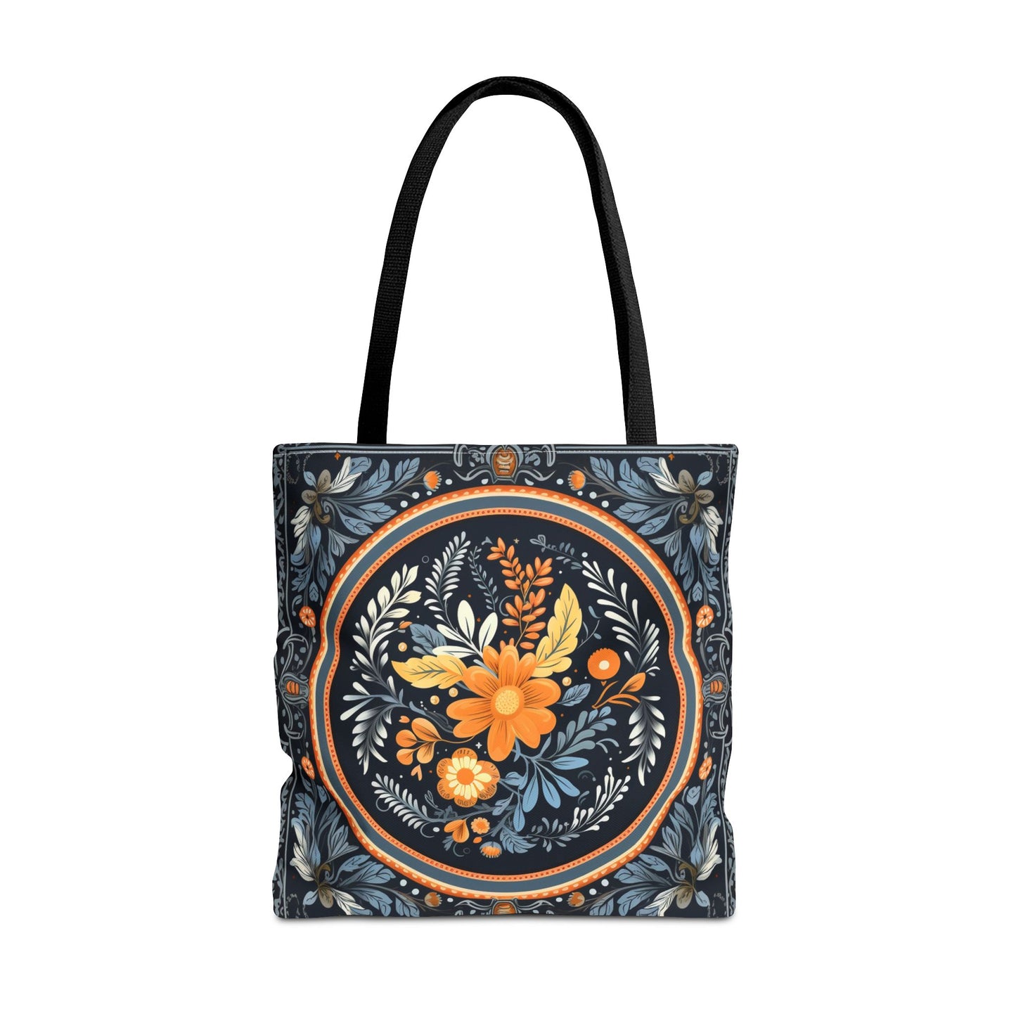 Elegant Botanical Tote Bag with Orange and Blue Floral Design