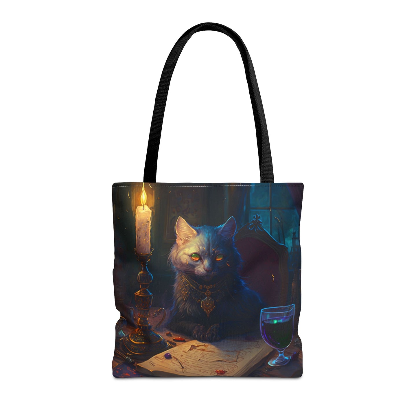 Mystical Cat Scholar Gothic Tote Bag with Candlelight Charm