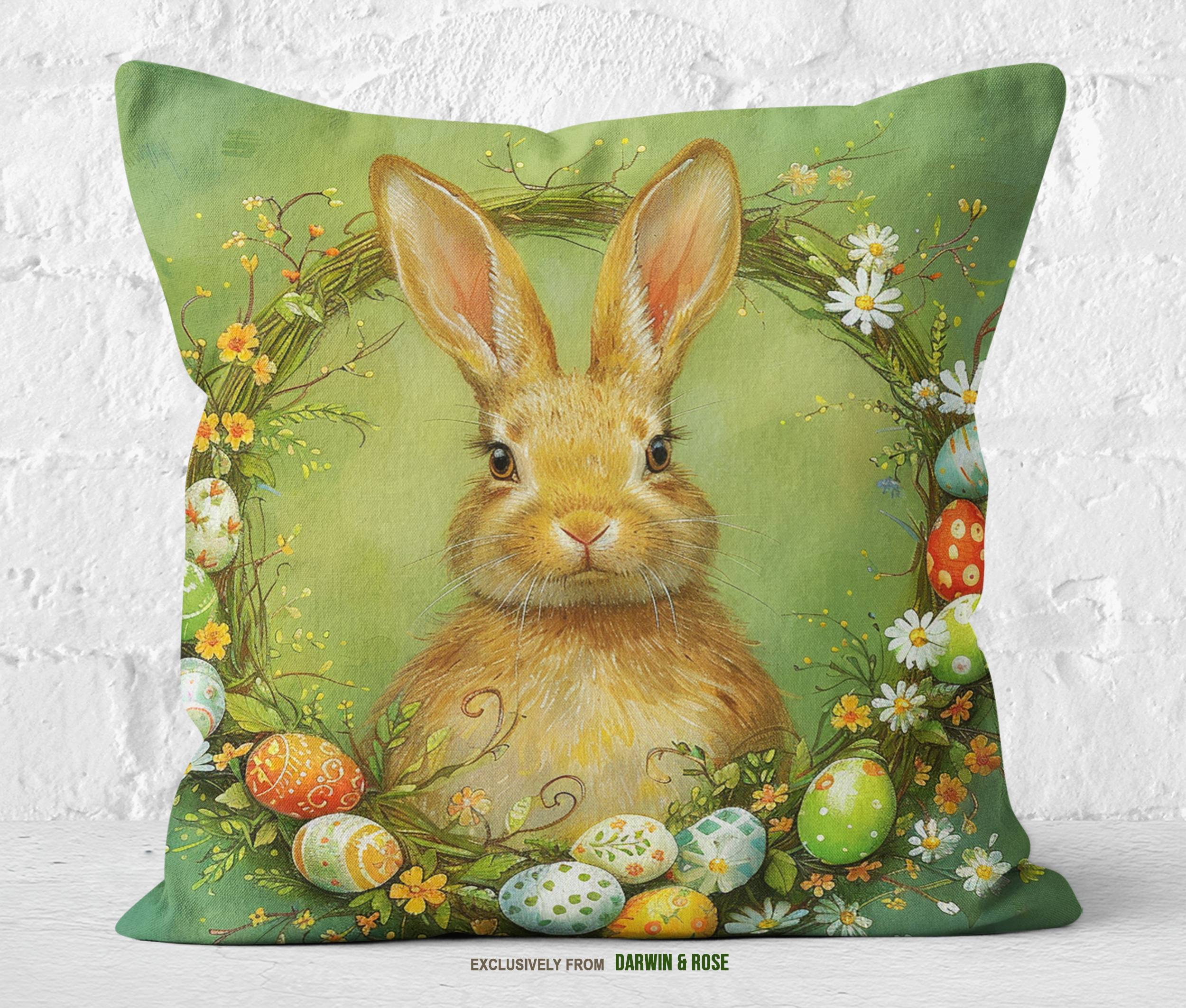 Easter Bunny Wreath Throw Pillow - Farmhouse Style Spring Decor