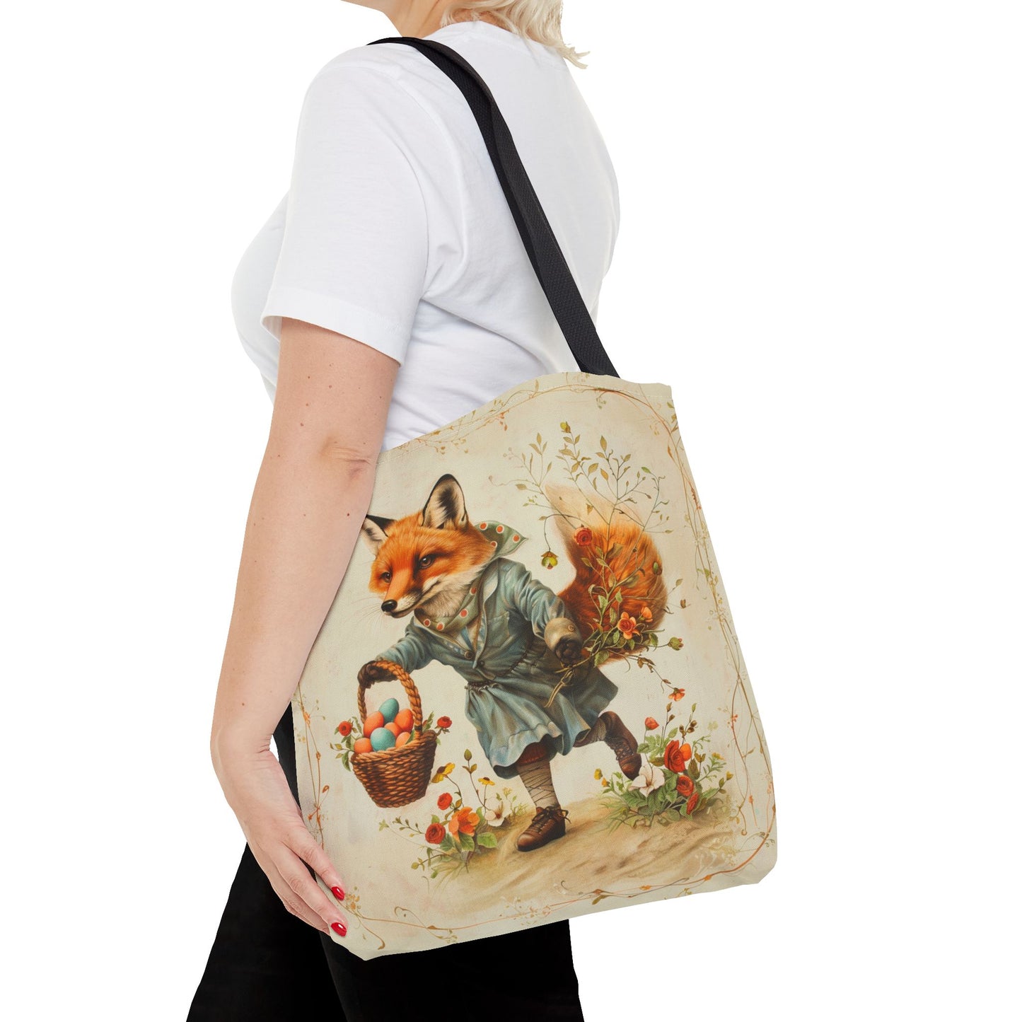 Vintage Easter Fox Tote Bag, Charming Canvas Shopping Gift Bag