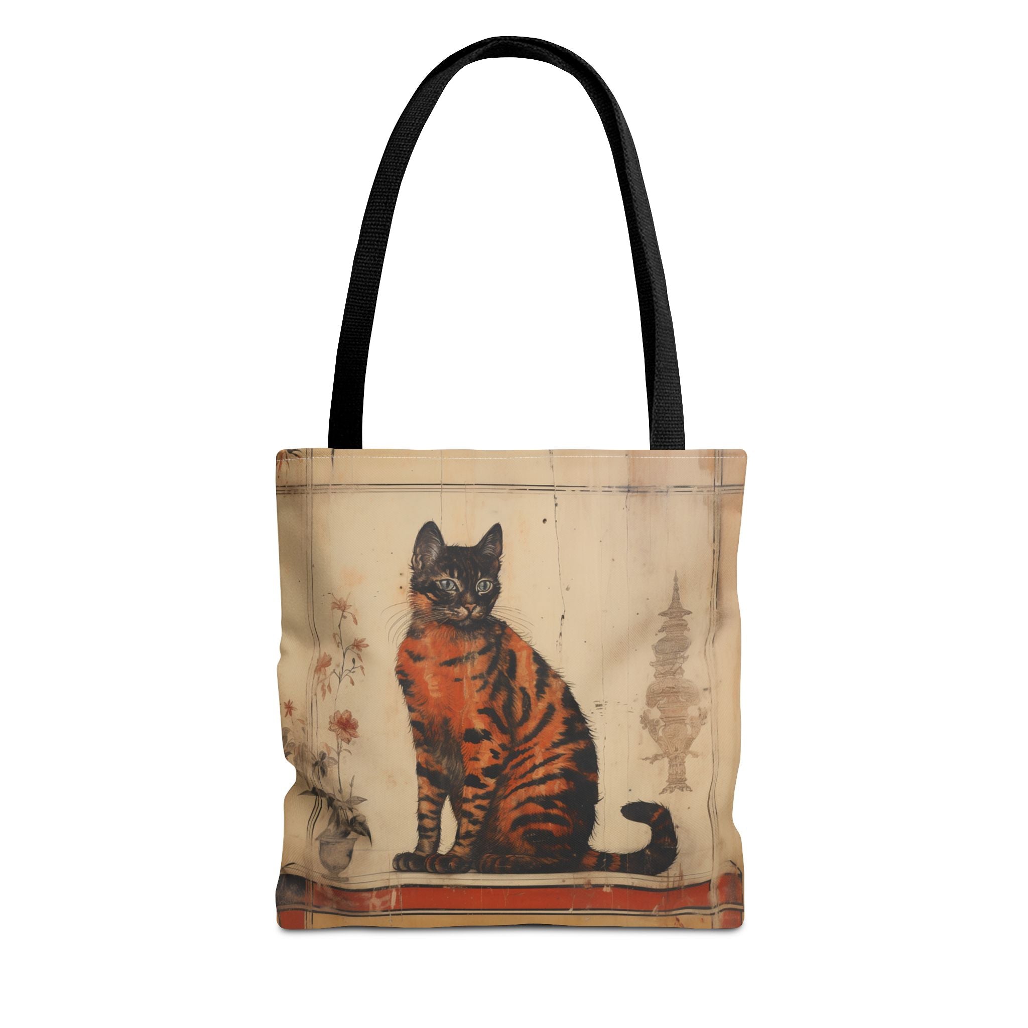 Artistic Oriental Cat Tote Bag, Vintage Feline Print Design