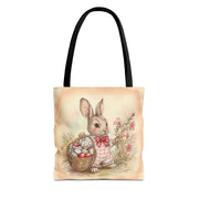 Vintage Easter Bunny Tote Bag with Floral and Egg Basket Design