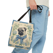 Charming Pug Tote Bag with Blue Bow and Floral Design