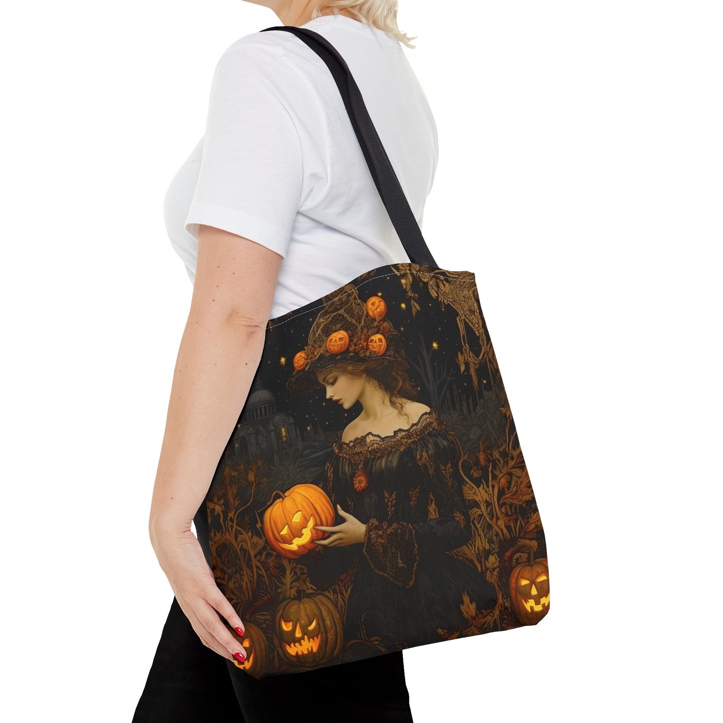 Elegant Halloween Pumpkin Witch Tote Bag, Gothic Art Design