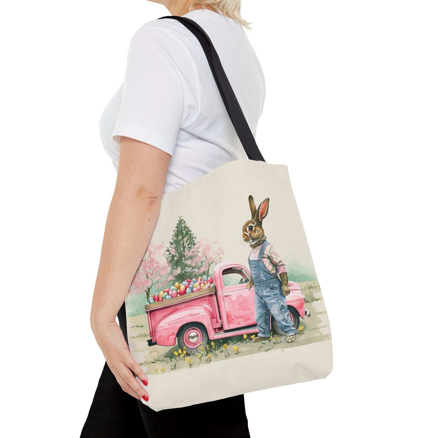 Vintage Easter Bunny Tote Bag, Pink Truck Design, Eco-Friendly Canvas