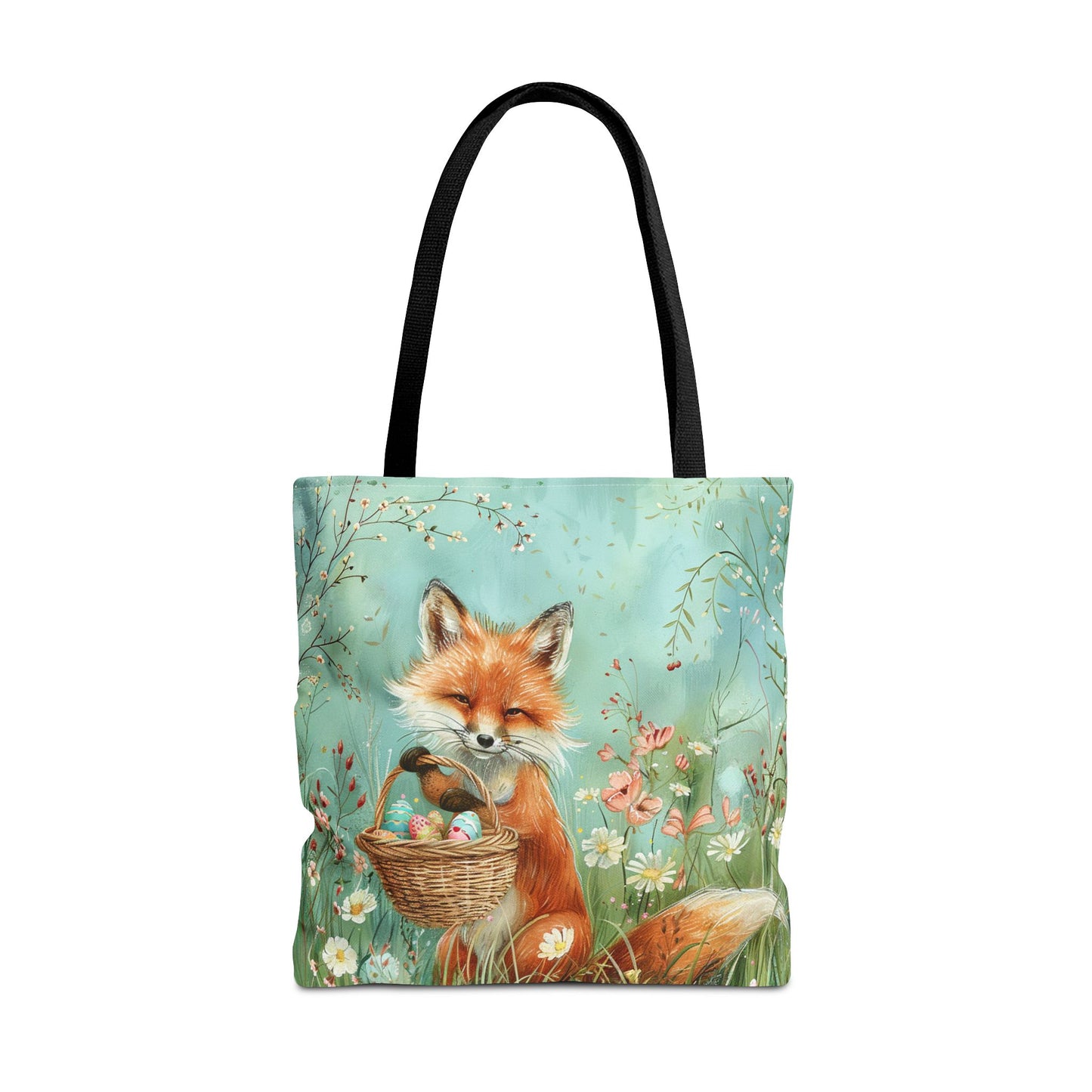 Fox-Inspired Easter Tote Bag with Basket and Floral Meadow Scene