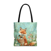 Fox-Inspired Easter Tote Bag with Basket and Floral Meadow Scene