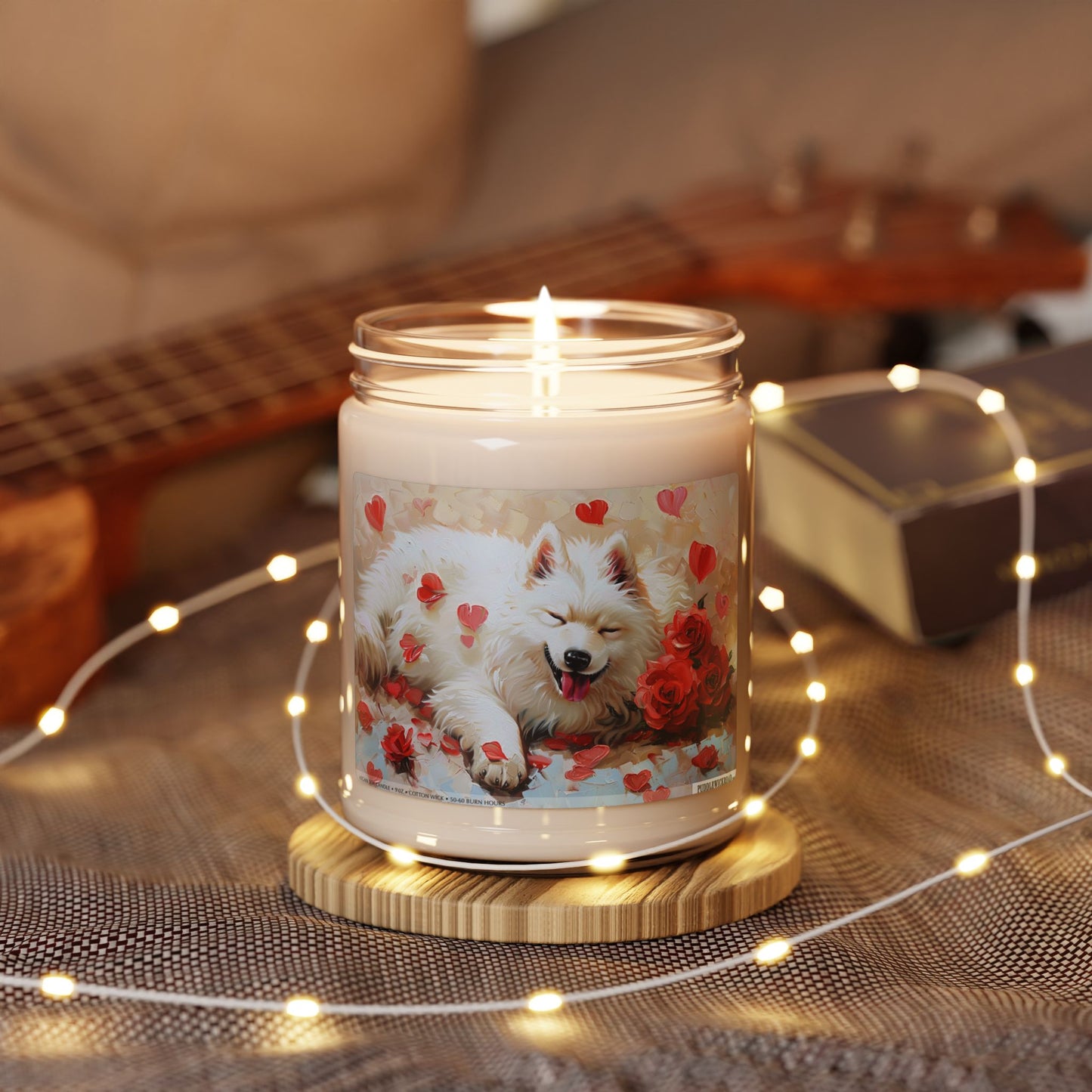 Samoyed Love Soy Candle – Cute Pet Lover Gift with Roses and Hearts