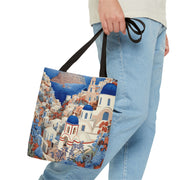 Santorini Blue Dome Scenic Tote Bag, Coastal-Inspired Shopping Bag