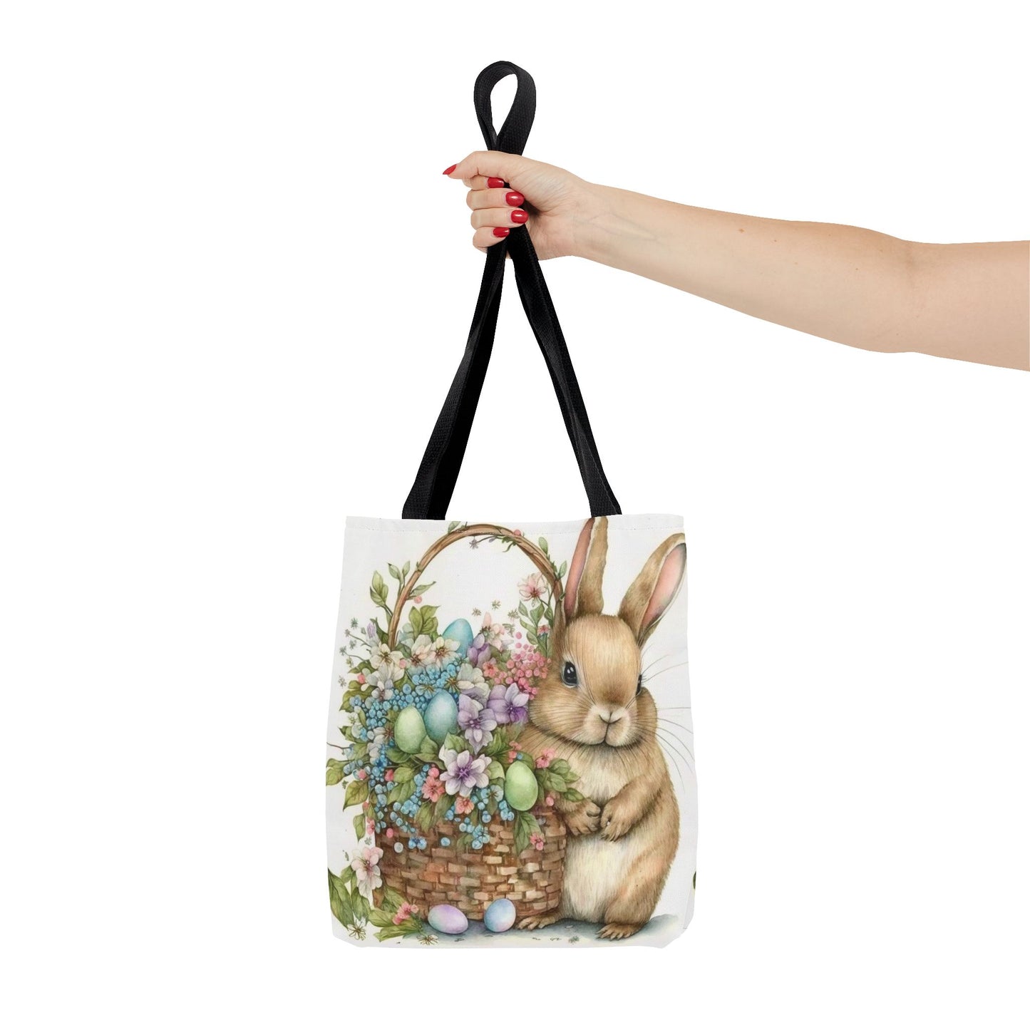 Charming Bunny Easter Tote Bag with Flowers and Painted Eggs