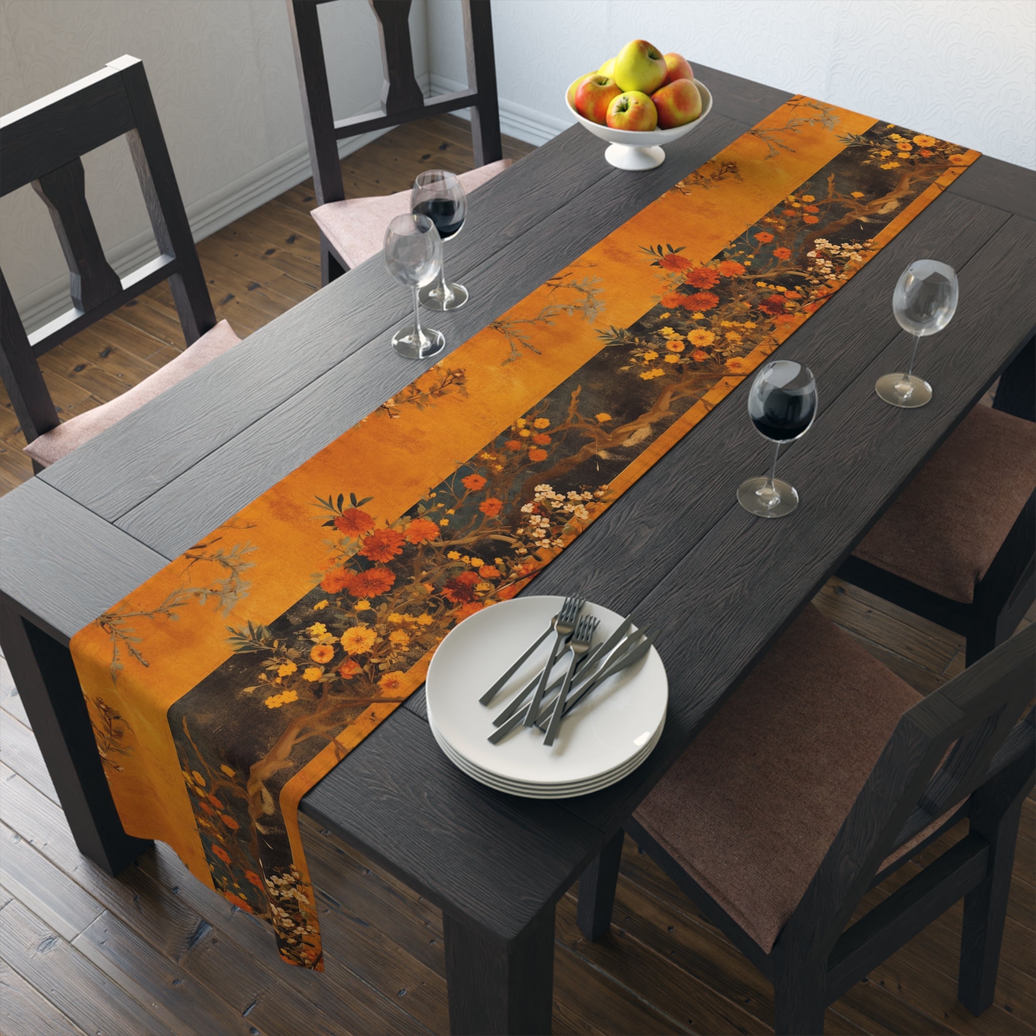 Autumn Floral Table Runner | Orange, Black, and Gold Design (72" or 90")