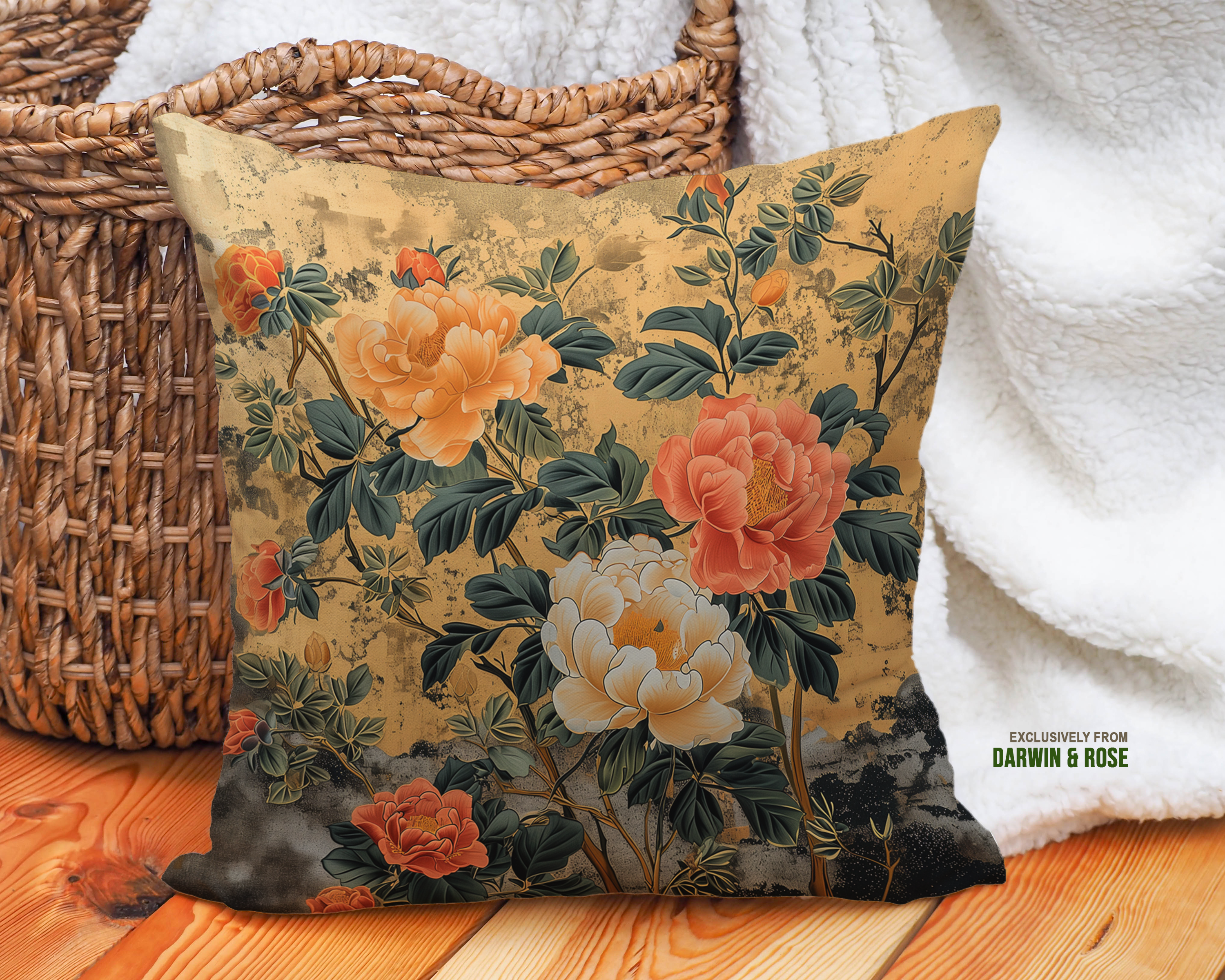 Golden Peony Elegance: Asian-Inspired Modern Throw Pillow