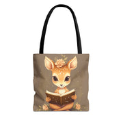 Whimsical Fawn Reader Canvas Tote Bag, Eco-Friendly Book Lover Gift