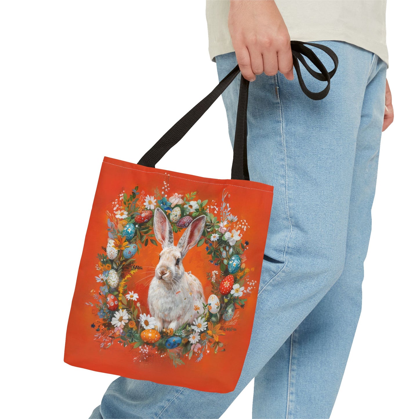 Easter Bunny Canvas Tote Bag, Bright Orange Floral Design, Eco-Friendly