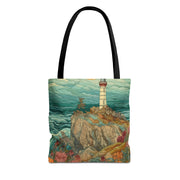 Coastal Lighthouse Art Canvas Tote Bag, Eco-Friendly Beach Essential