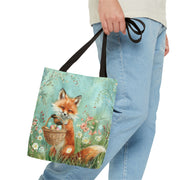 Fox-Inspired Easter Tote Bag with Basket and Floral Meadow Scene