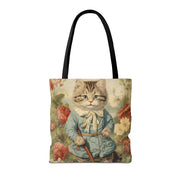 Whimsical Kitten Garden Tote Bag with Vintage Floral Design