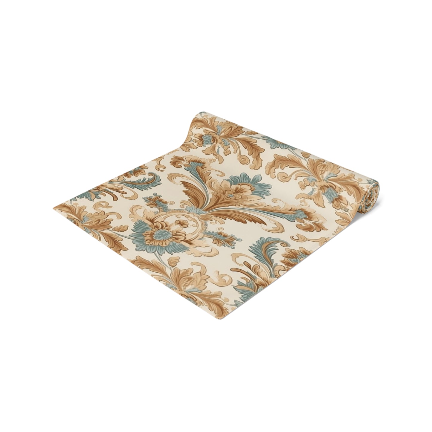 French Damask Table Runner | Gold, Beige, and Teal Design (72" or 90")