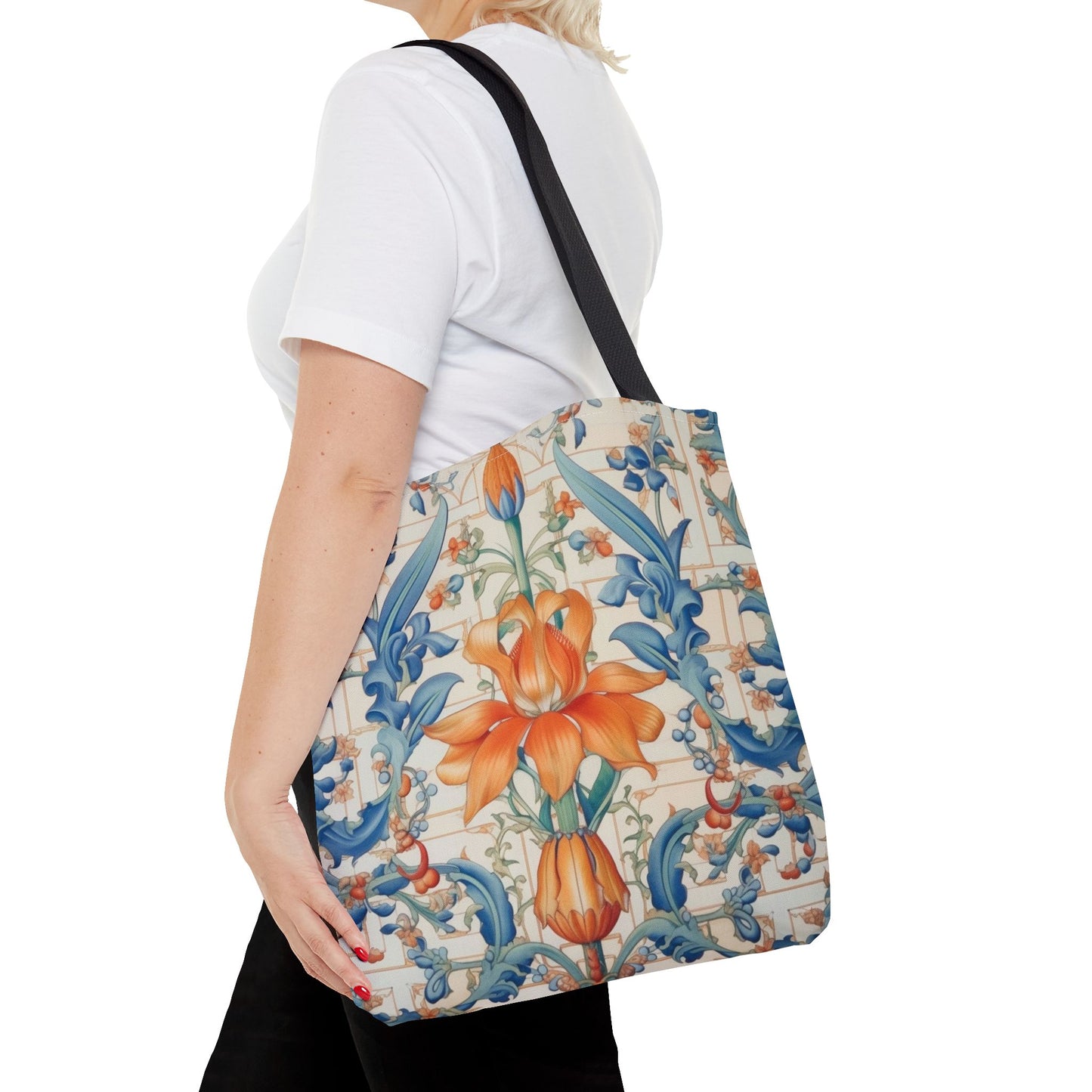 Floral Elegance Tote Bag, Vibrant Orange and Blue Reusable Shopper