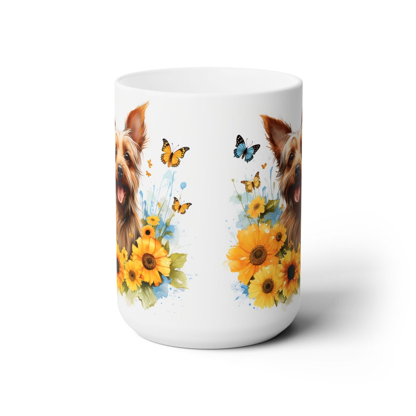 Yorkie Sunshine Mug – Yorkshire Terrier with Sunflowers & Butterflies