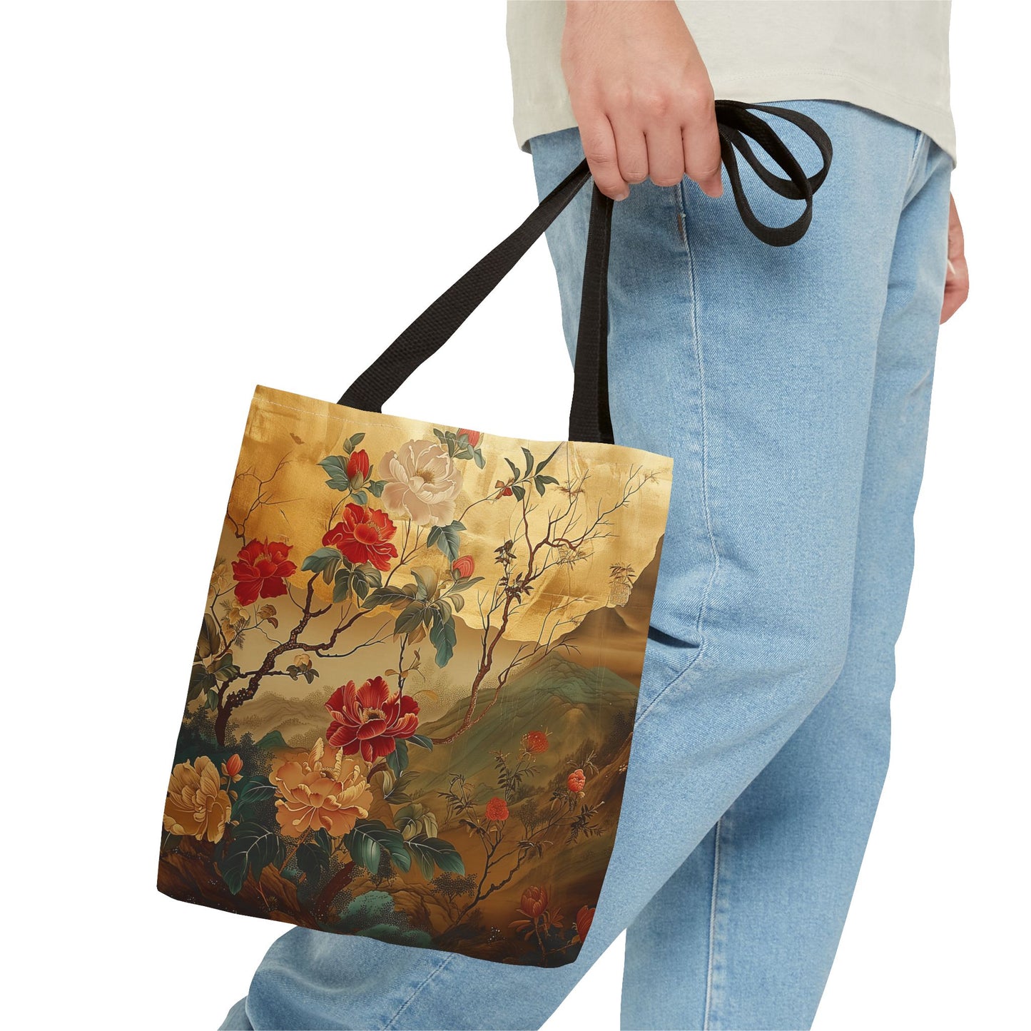 Elegant Floral Canvas Tote Bag – Gold & Red Botanical Design