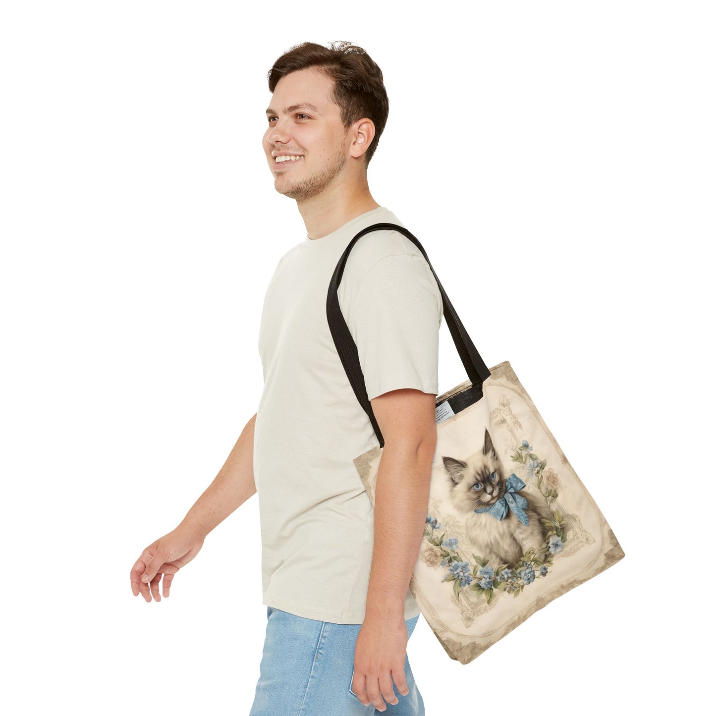 Ragdoll Cat Tote Bag with Blue Floral Design, Eco-Friendly Gift Idea