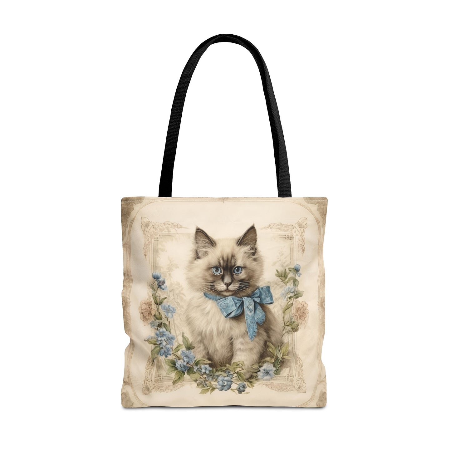 Ragdoll Cat Tote Bag with Blue Floral Design, Eco-Friendly Gift Idea