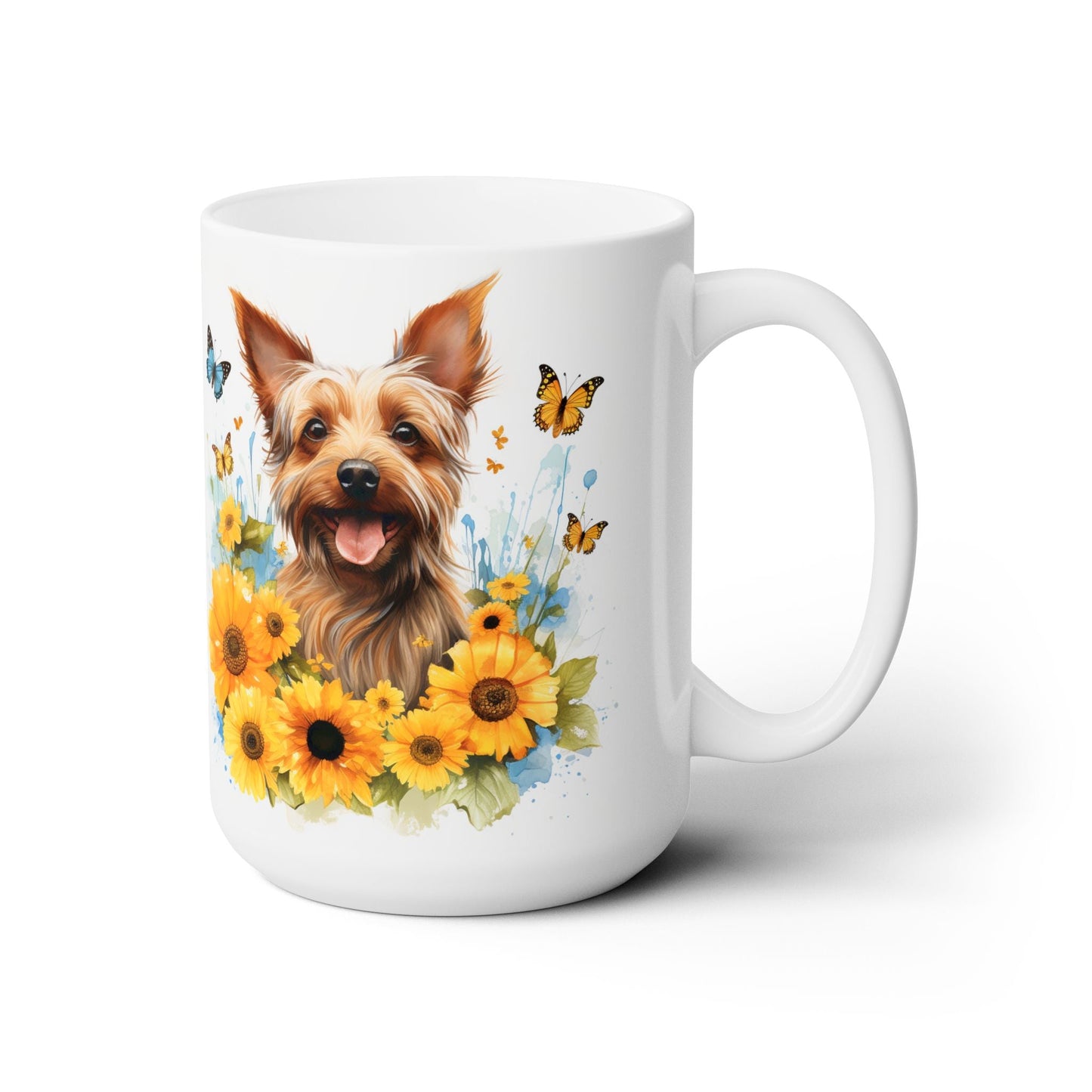 Yorkie Sunshine Mug – Yorkshire Terrier with Sunflowers & Butterflies