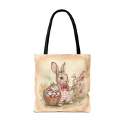 Vintage Easter Bunny Tote Bag with Floral and Egg Basket Design