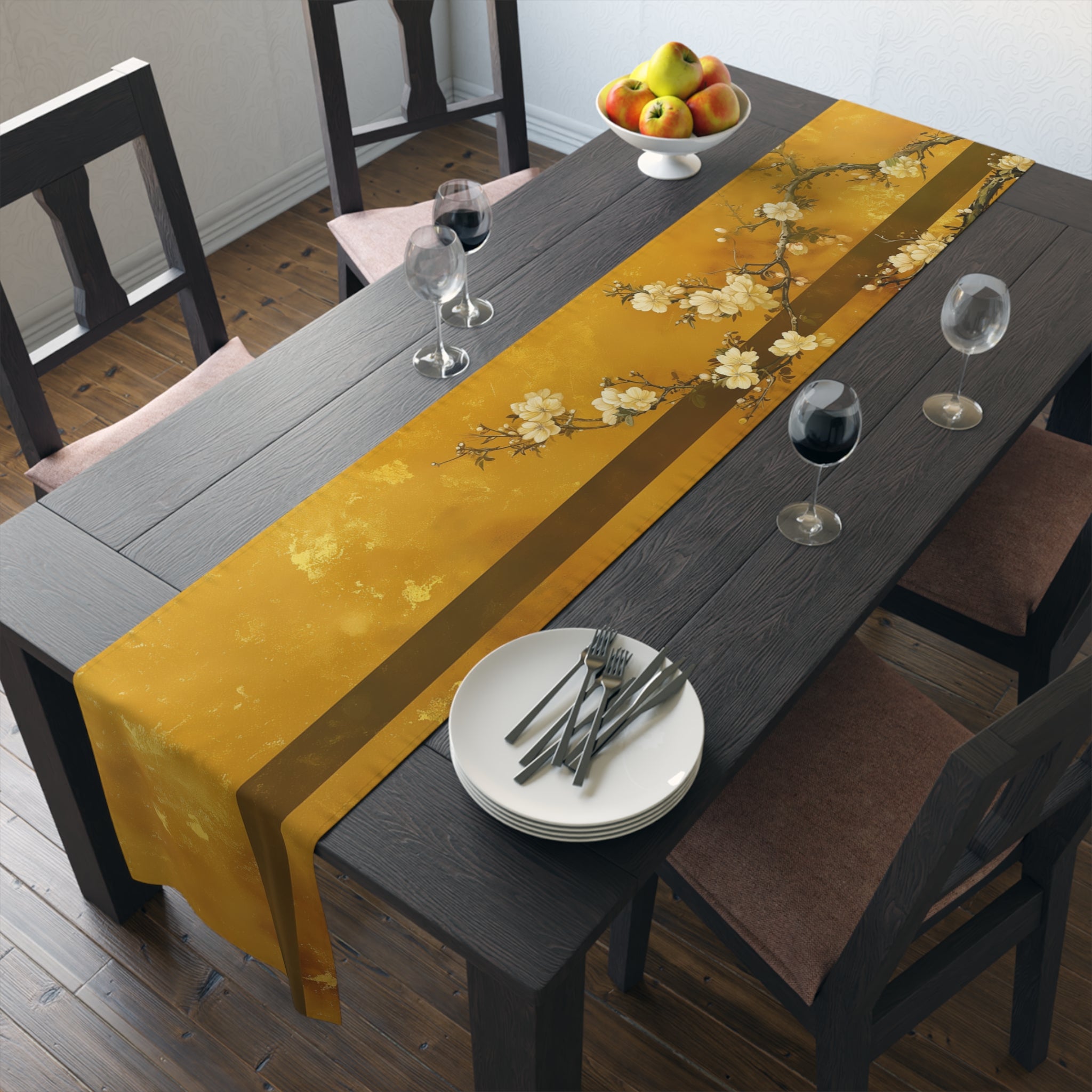 Golden Sakura Blossom Table Runner | Yellow, Cream, and Brown Design (72" or 90")