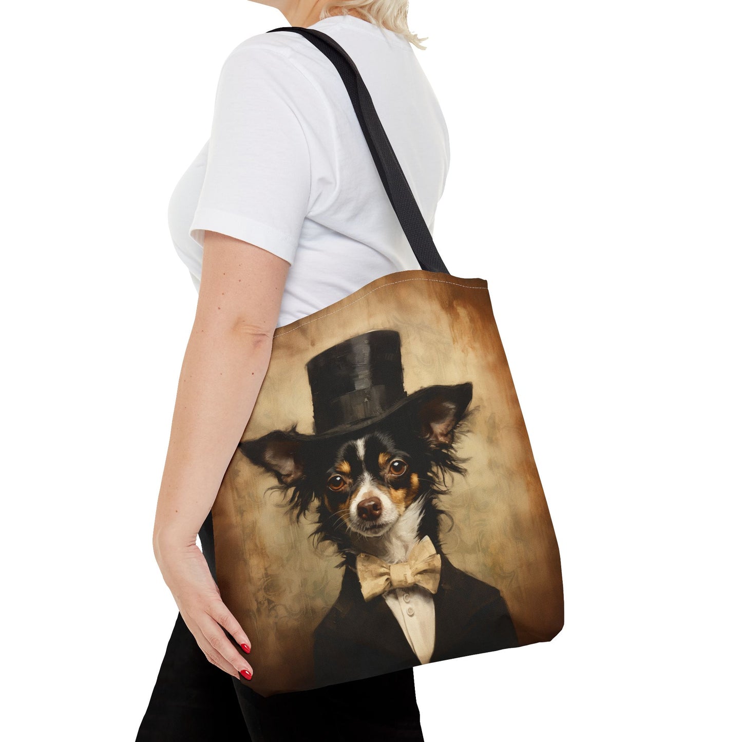 Charming Chihuahua Gentleman Canvas Tote Bag, Elegant Dog Lover Gift