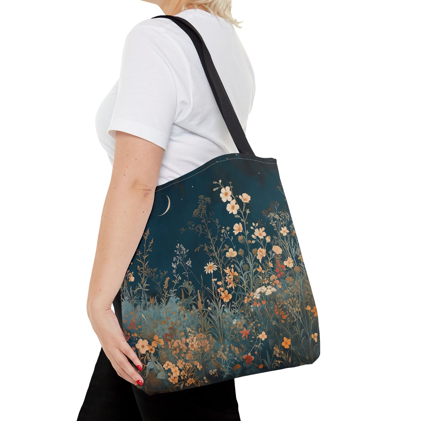 Nocturnal Bloom Crescent Moon Canvas Tote Bag, Floral Eco-Friendly Gift