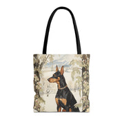 Winter Doberman Tote Bag – Elegant Snowy Alpine Scene Canvas Bag