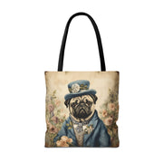 Elegant Pug Aristocrat Tote Bag - Stylish Floral Canvas Shopping Bag