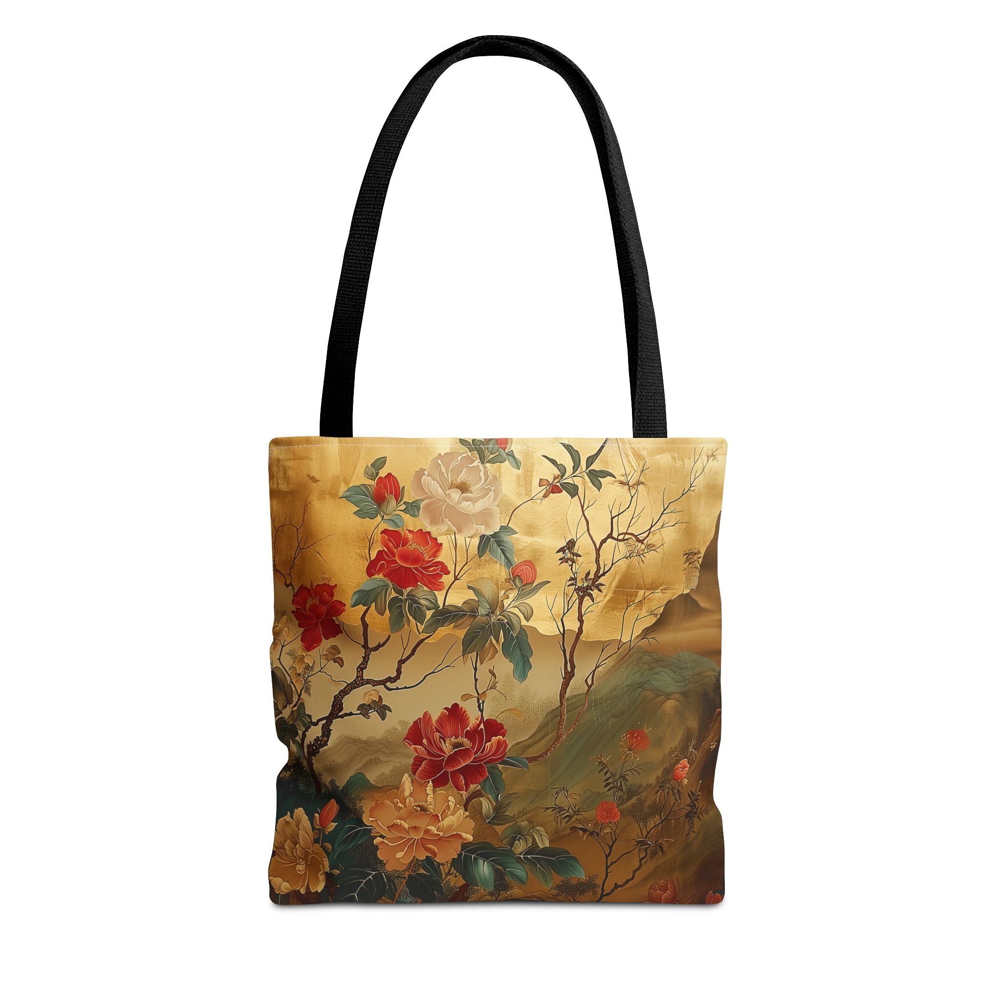 Elegant Floral Canvas Tote Bag – Gold & Red Botanical Design