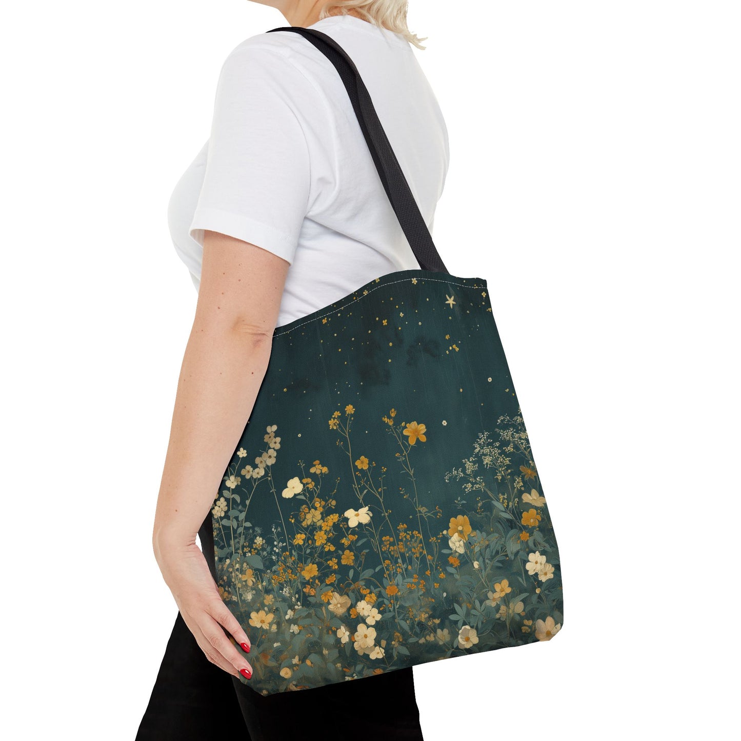 Midnight Floral Starry Canvas Tote Bag, Eco-Friendly Everyday Carry