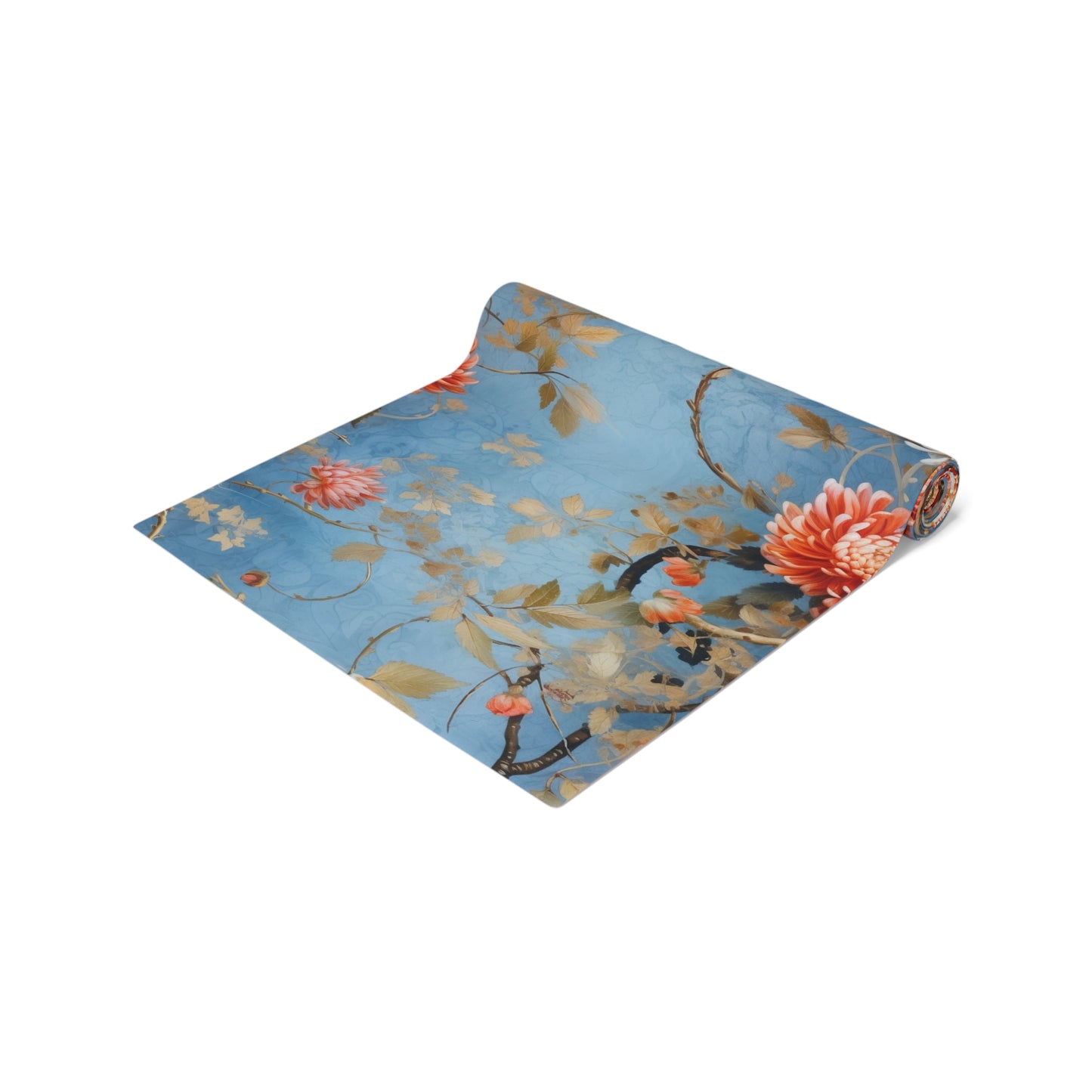 Chinoiserie Blue Floral Table Runner | Blue, White, and Coral Design (72" or 90")