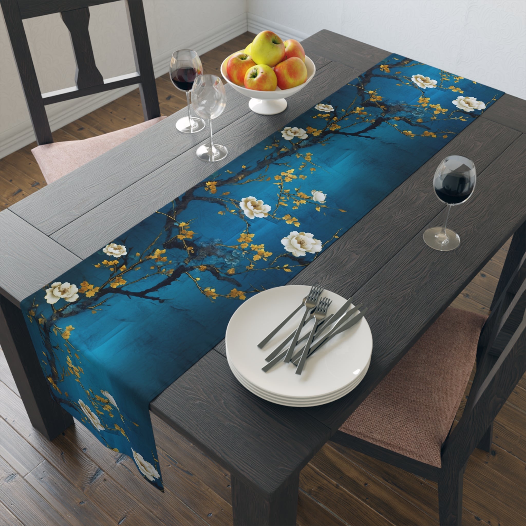 Blue Blossom Table Runner | Teal, White, and Gold Design (72" or 90")