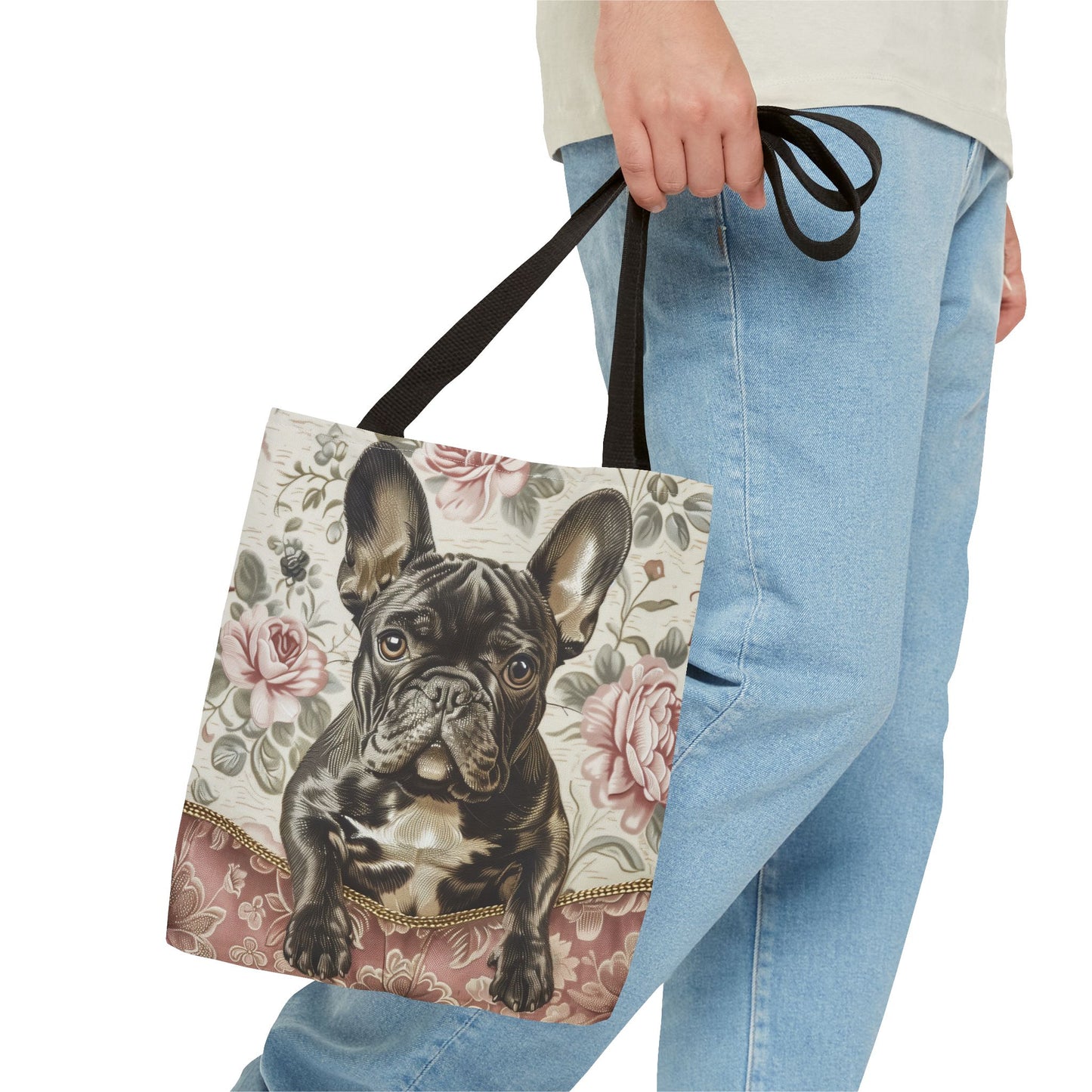 Frenchie Blossom Tote Bag - Brindle French Bulldog, Floral Elegance