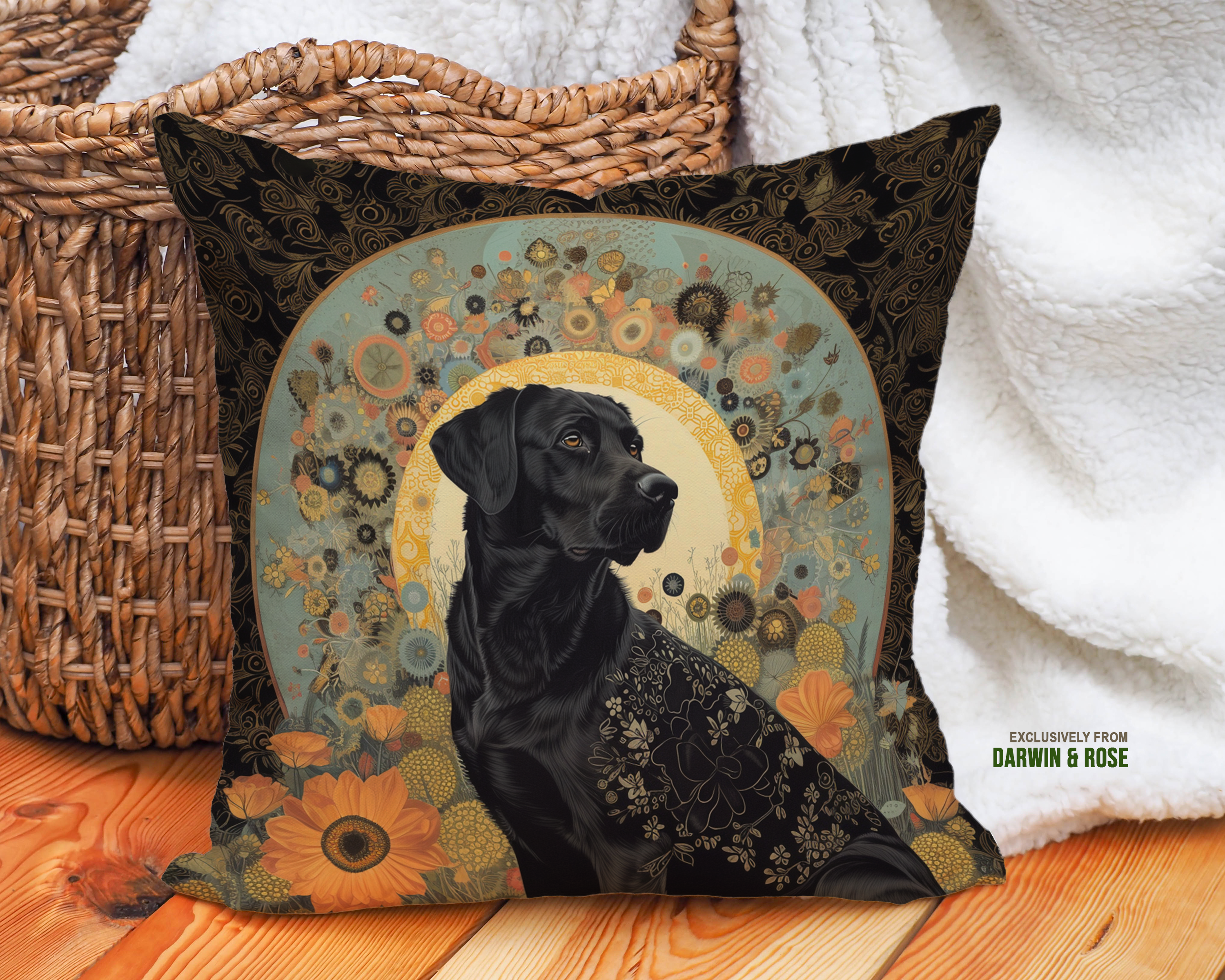 Majestic Black Labrador Retriever Floral Boho Throw Pillow