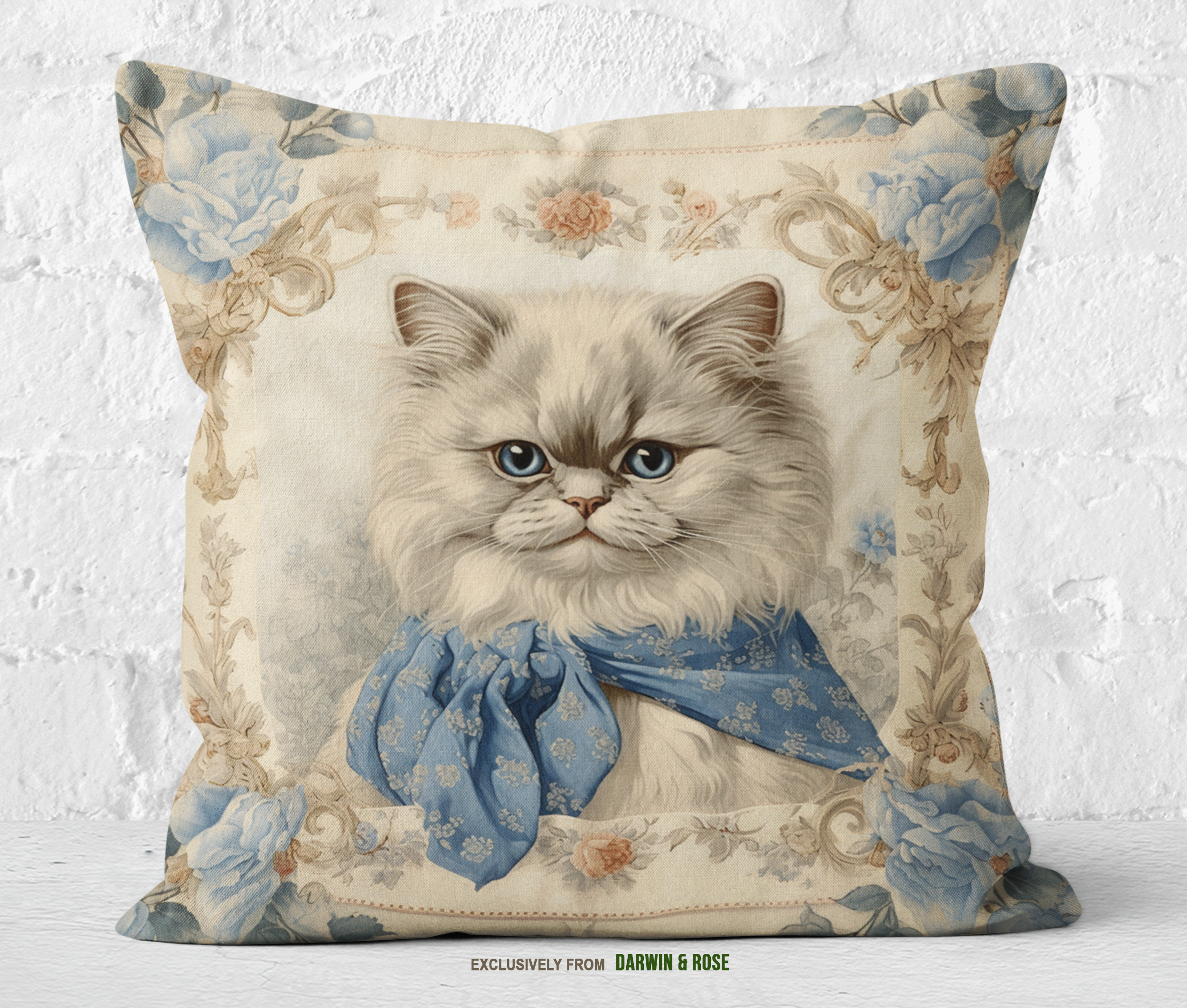 Persian Cat Elegance Throw Pillow – Vintage Floral Design
