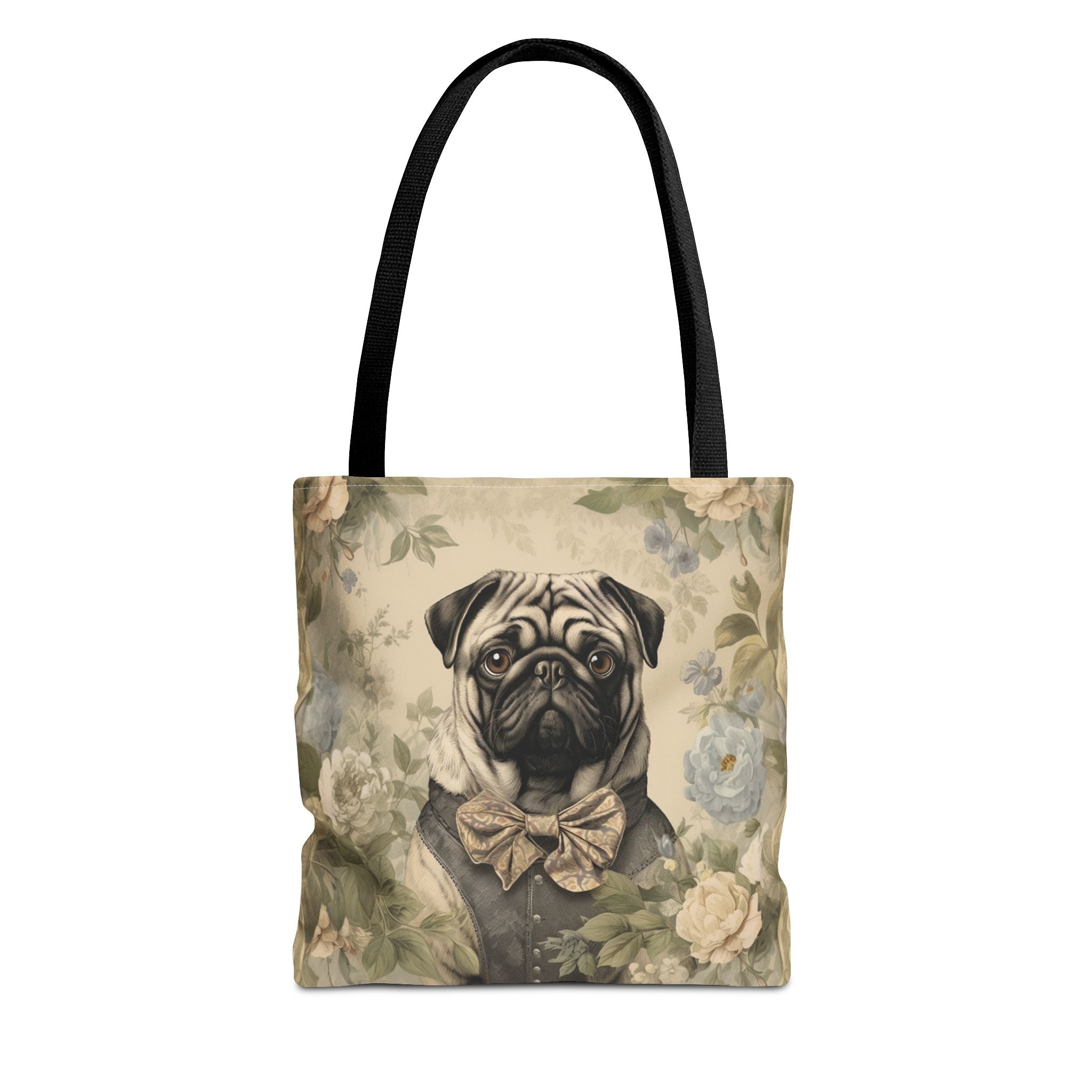 Dapper Pug Tote Bag, Vintage Floral Canvas Market Bag for Dog Lovers