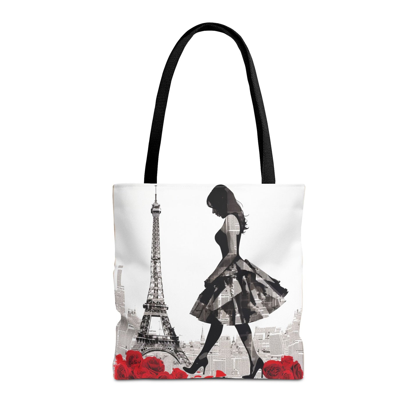 Parisian Elegance Tote Bag with Eiffel Tower and Red Roses Design