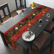 Luxury Red & Black Floral Table Runner | Gold Accents, Elegant Design (72" or 90")