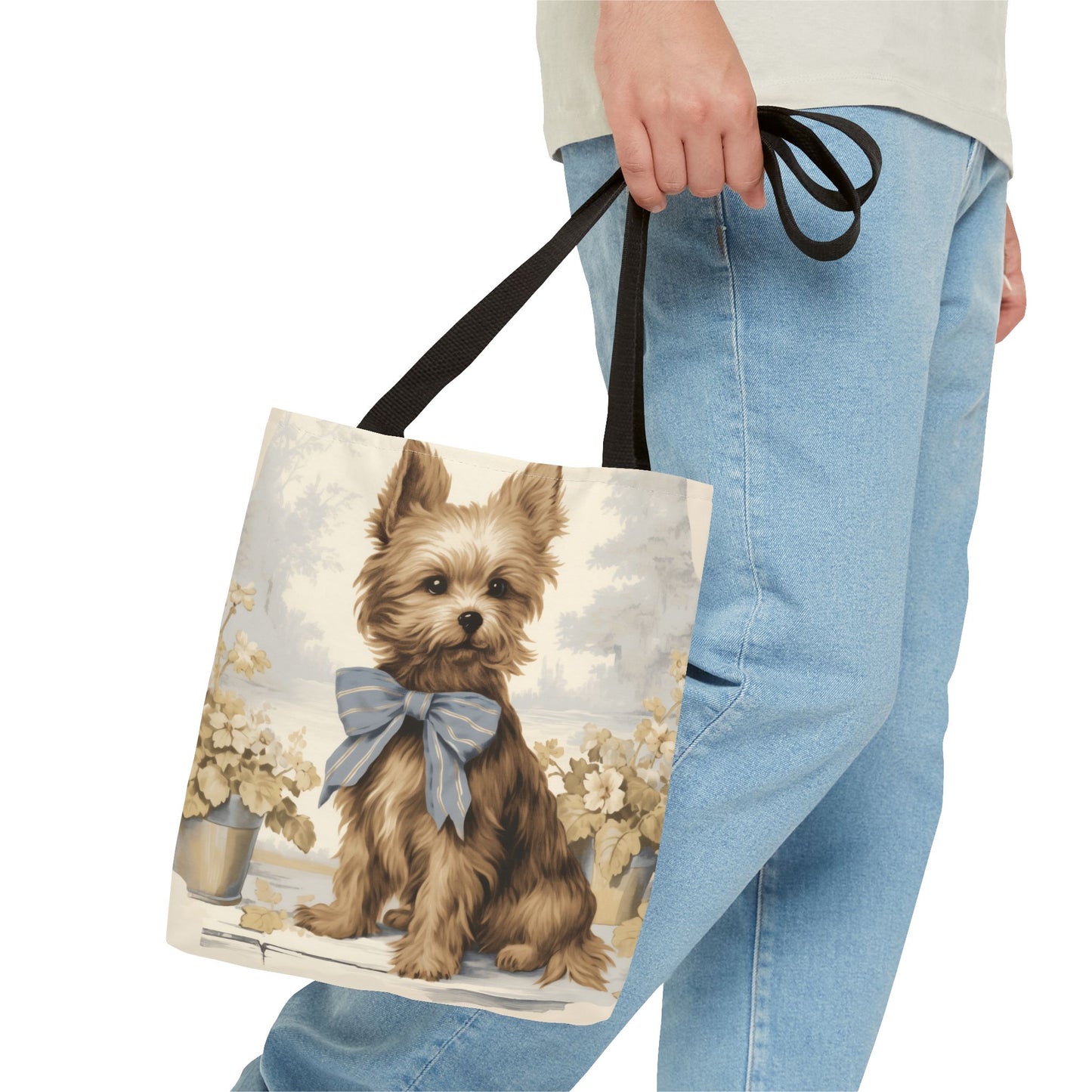 Adorable Yorkshire Terrier Tote Bag, Vintage Floral Design, Dog Lover Gift